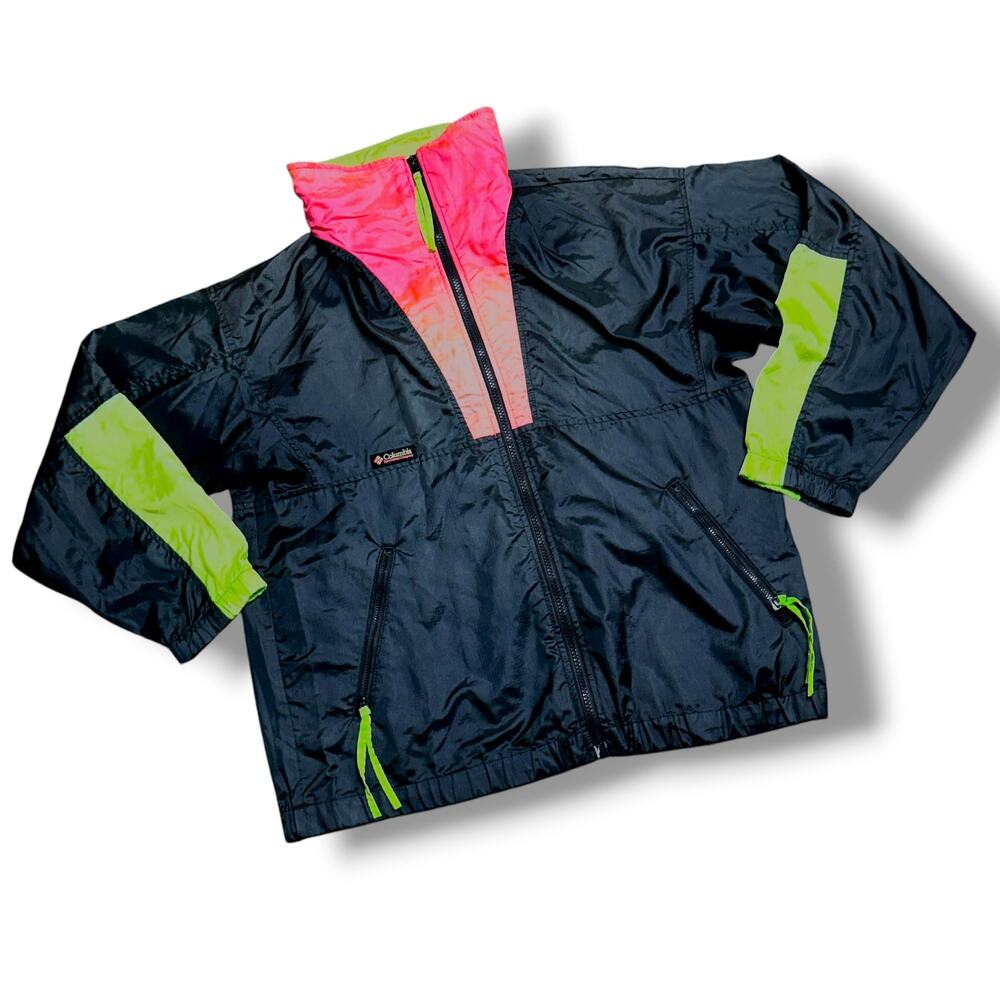Vintage 90s Columbia Intertrainer Neon Pink Green Windbreaker Jacket Sz L
